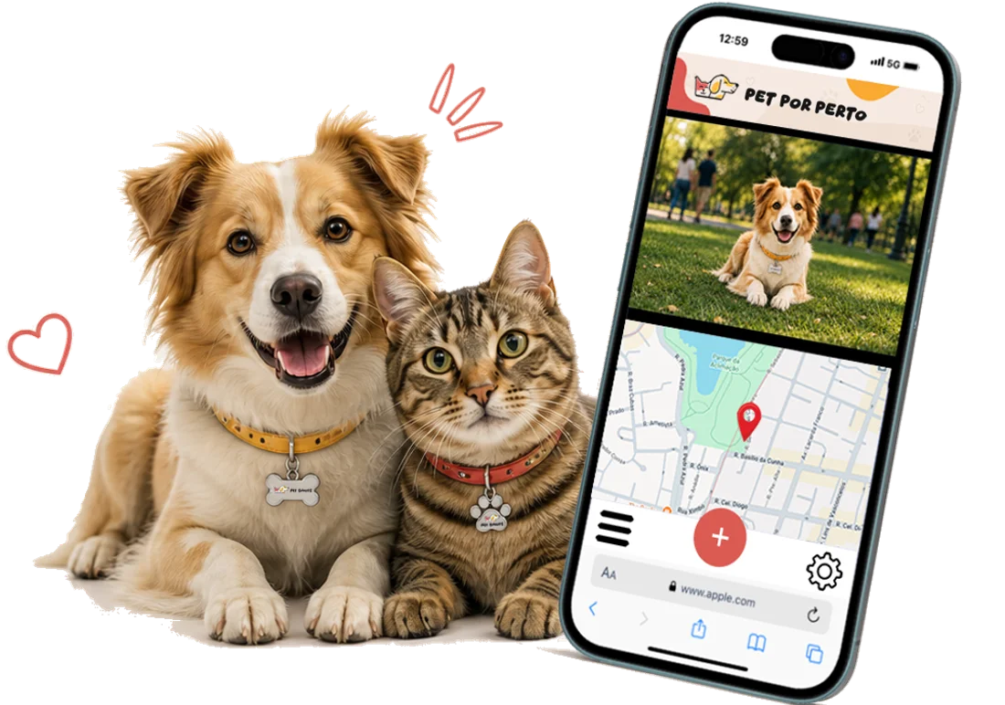 App Pet Por Perto mostrando cadastro do pet e localização no mapa