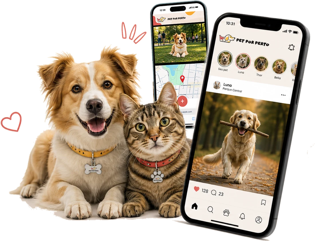 Cachorro e gato com tags Pet Por Perto e o app no celular mostrando o feed e a localização