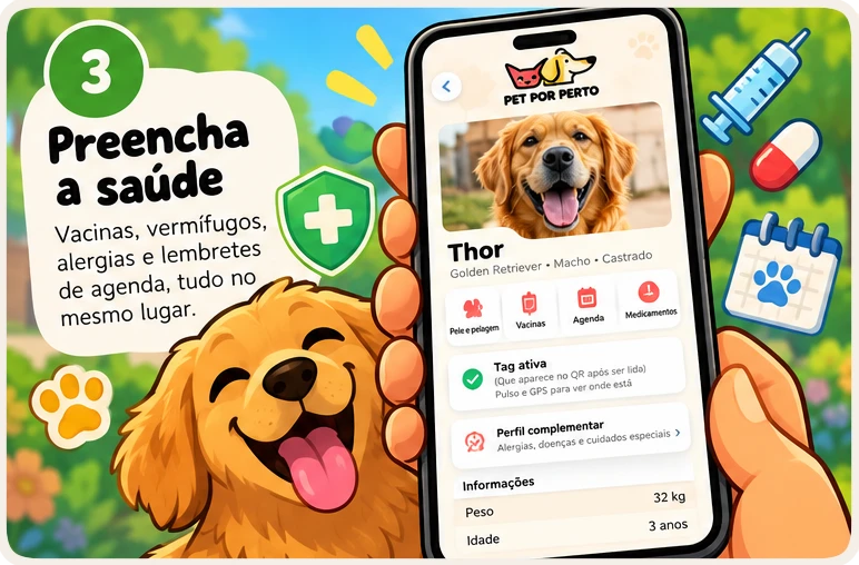 Passo 3: Preencha a saúde. Vacinas, vermífugos, alergias e lembretes de agenda, tudo no mesmo lugar.